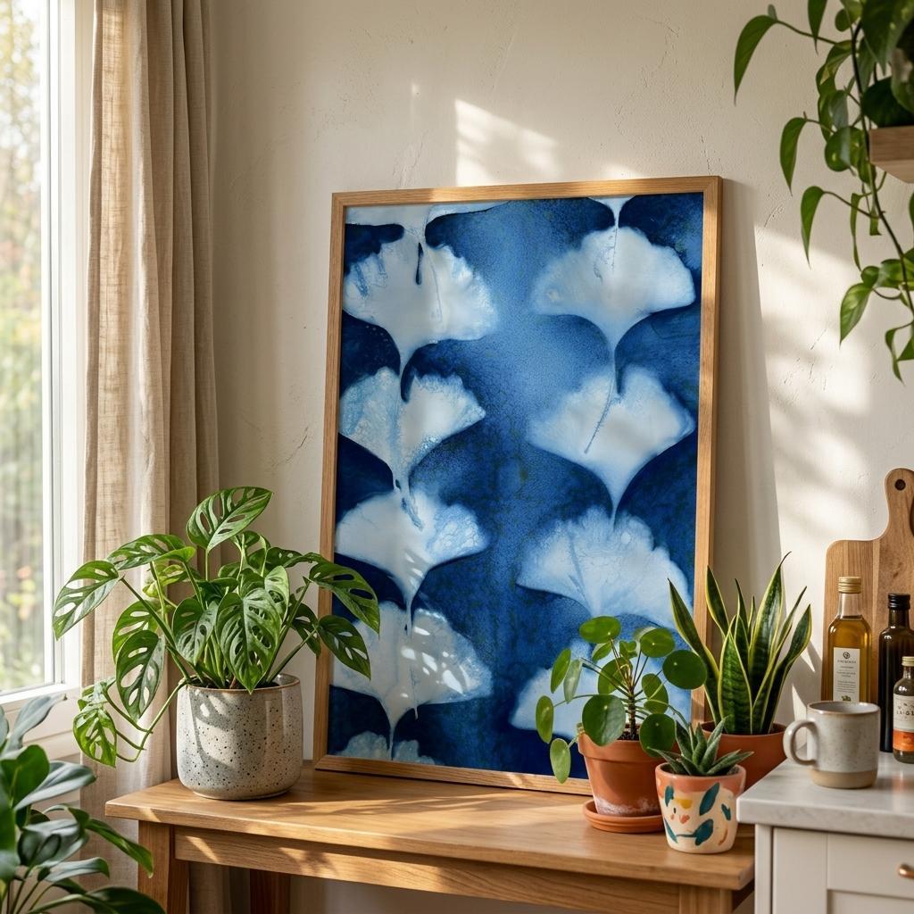 Ginkgo Leaves cyanotype art print displayed in a botanical interior