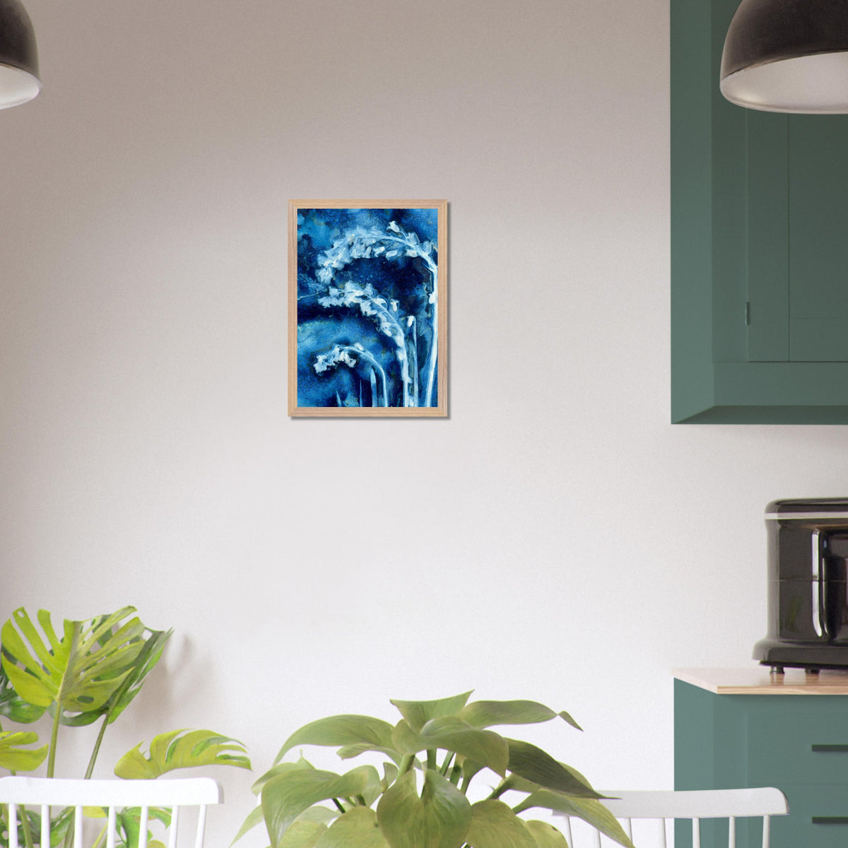 A3 Bluebells botanical cyanotype art print shown styled on a kitchen wall