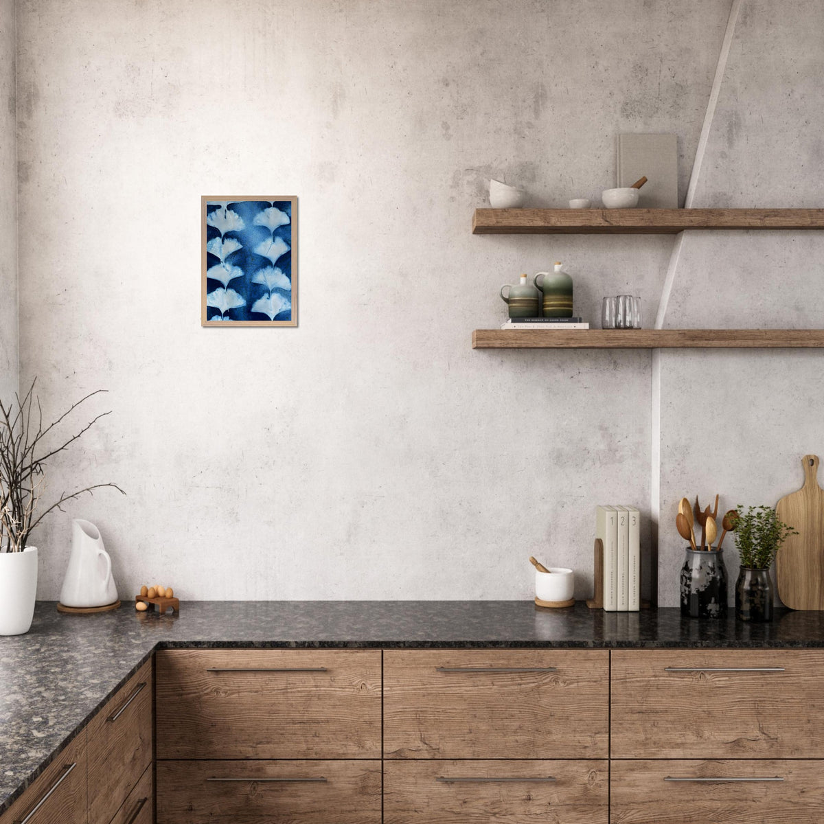 Ginkgo Leaves cyanotype art print A3 displayed on a kitchen wall
