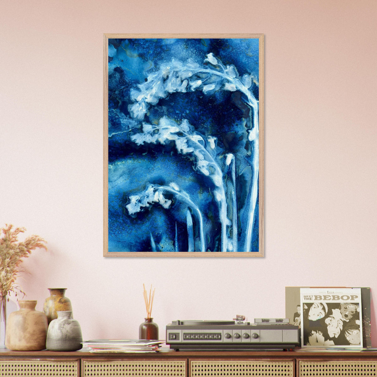 Bluebells botanical cyanotype art print in indigo and blue shown styled on a wall