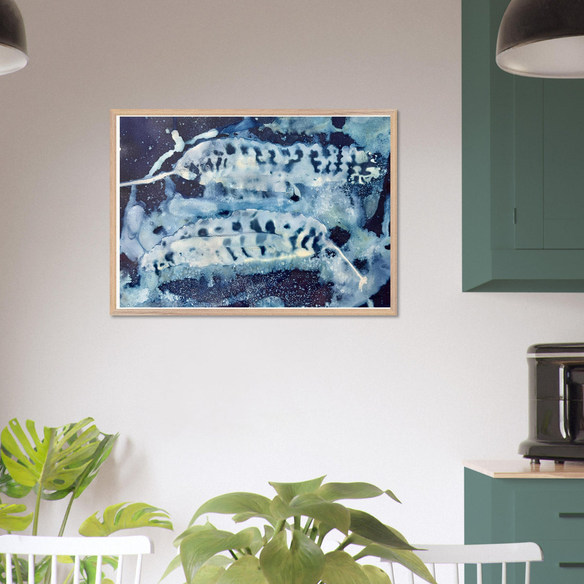 A1 Sea Kelp coastal cyanotype art print shown styled on a kitchen wall