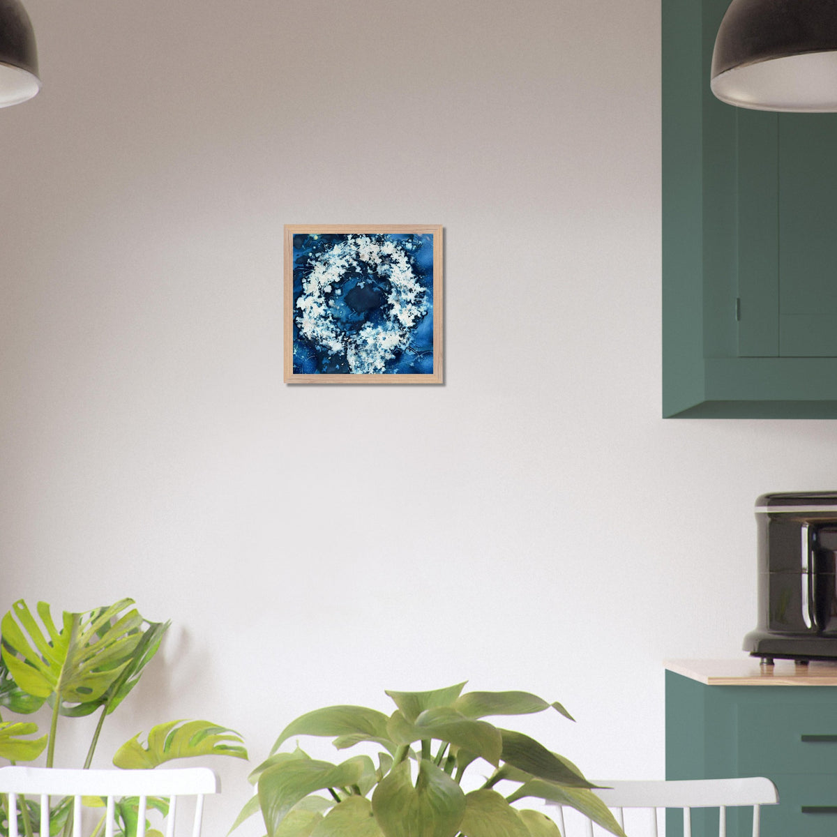 Flower Wreath cyanotype art print 12x12 inch shown on a white wall