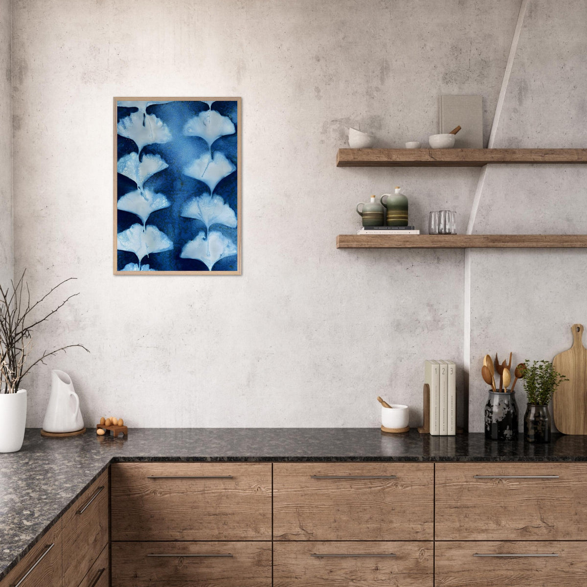 Ginkgo Leaves cyanotype art print A1 displayed on a kitchen wall