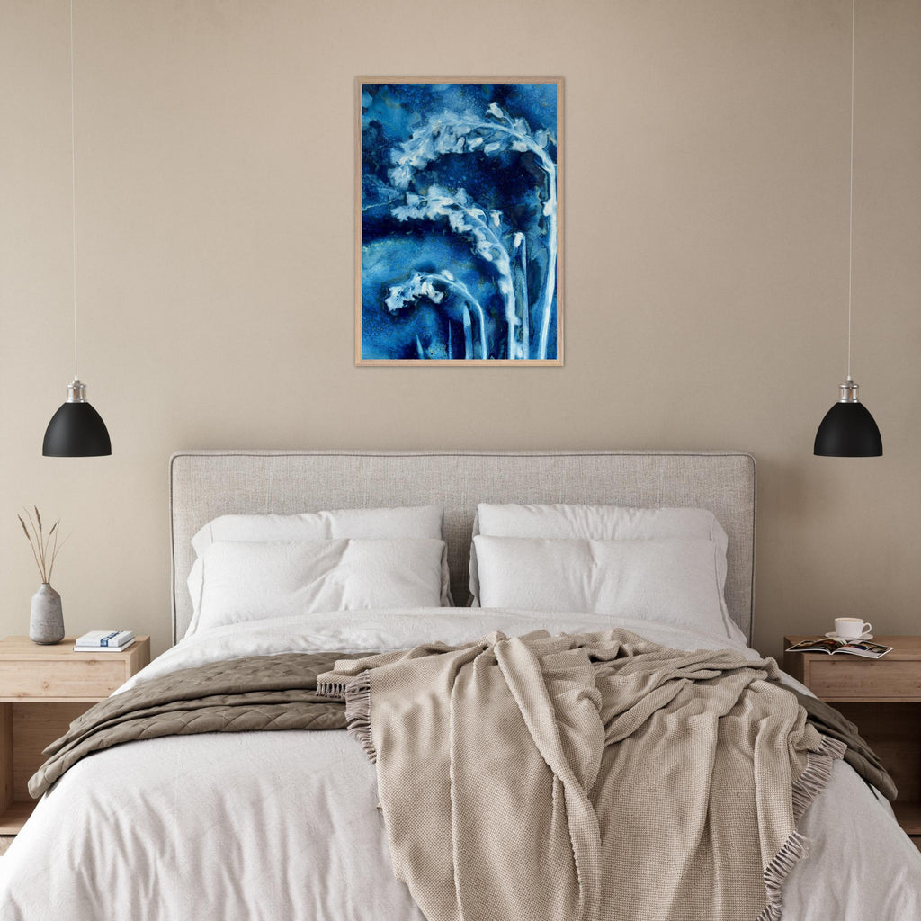 A1 Bluebells botanical cyanotype art print shown styled on a bedroom wall