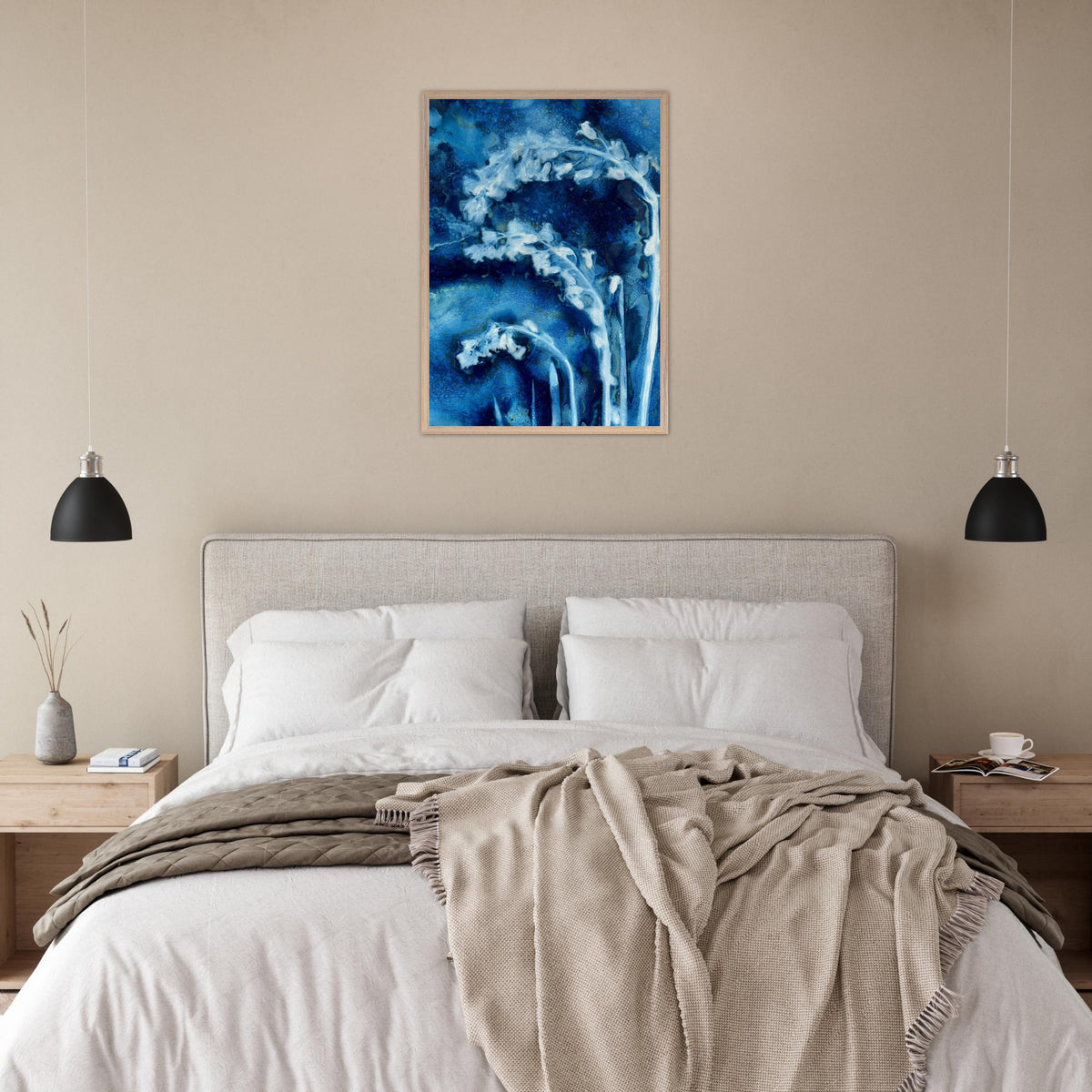 A1 Bluebells botanical cyanotype art print shown styled on a bedroom wall