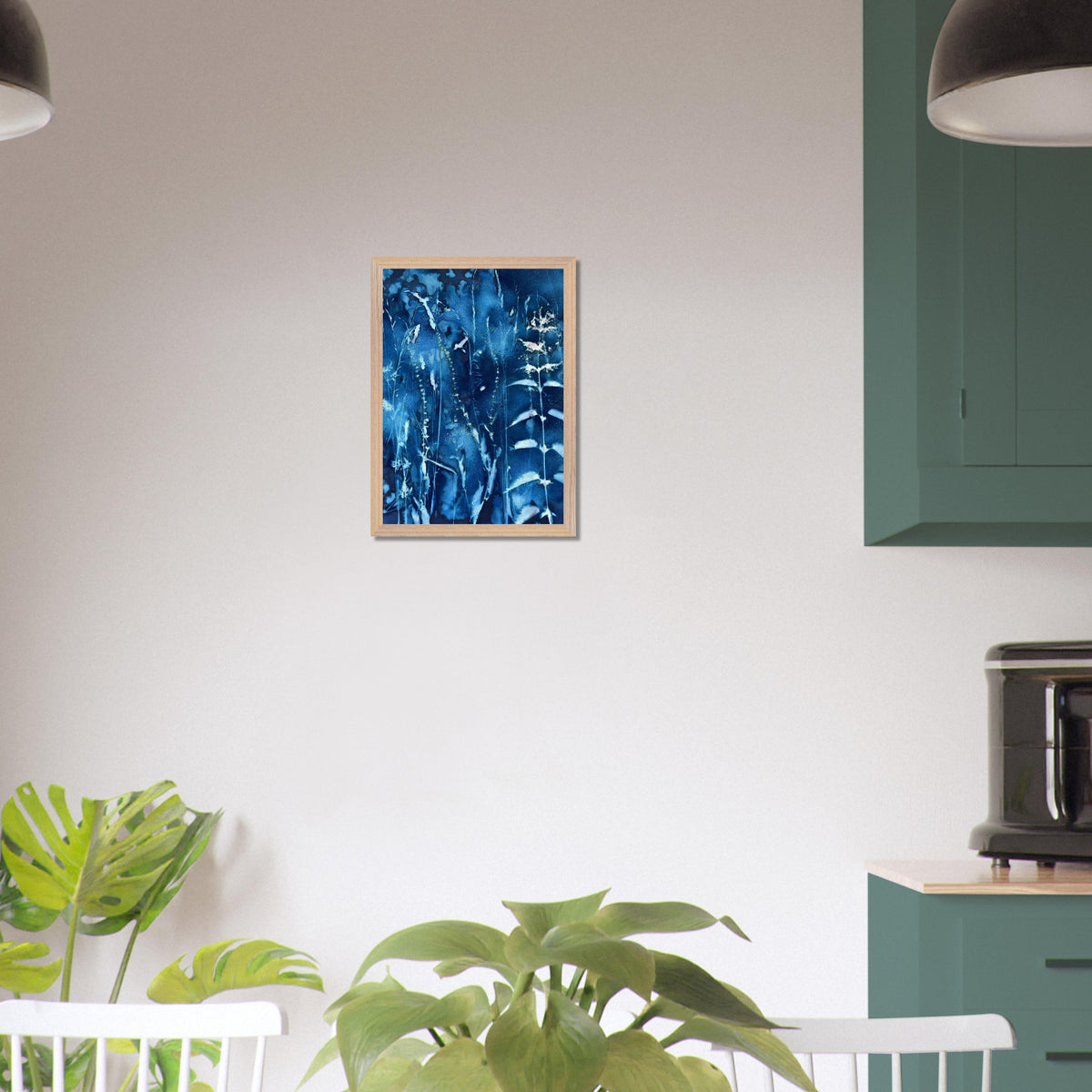 A3 Hedgerow with Nettles botanical cyanotype art print shown styled on a kitchen wall