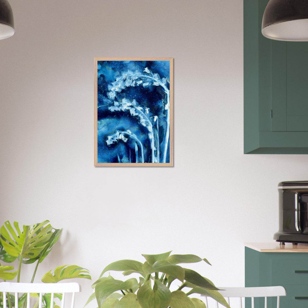 A2 Bluebells botanical cyanotype art print shown styled on a kitchen wall