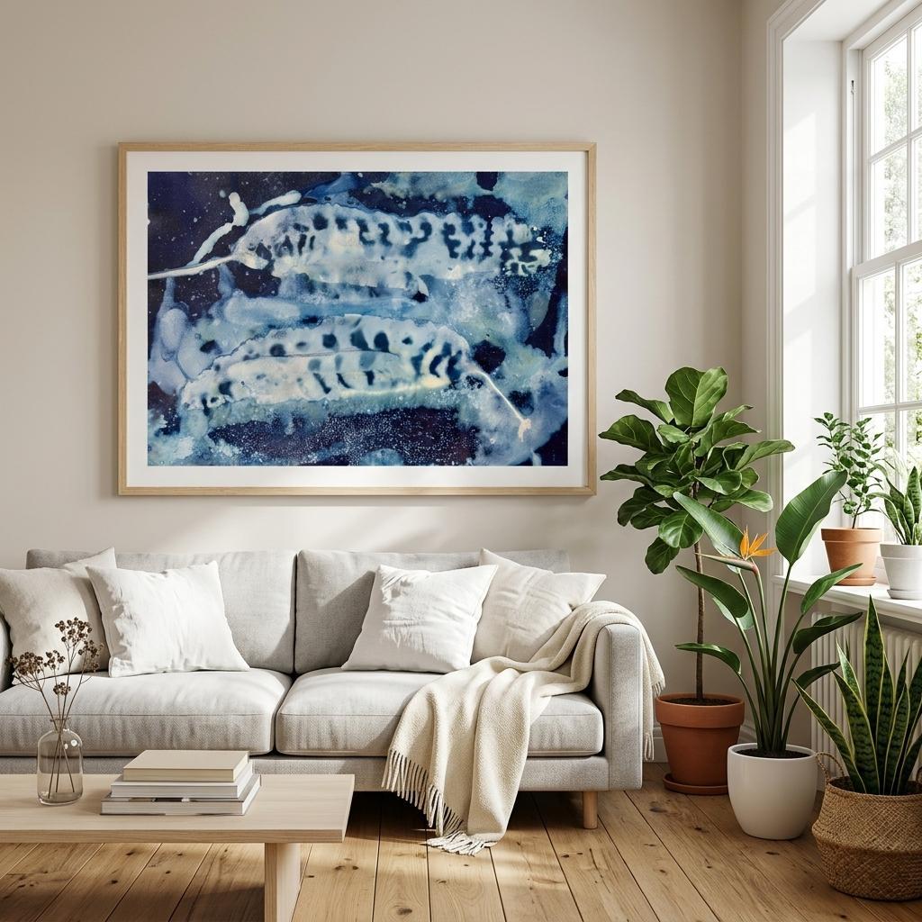 A1 Sea Kelp coastal cyanotype art print shown styled on a living room wall