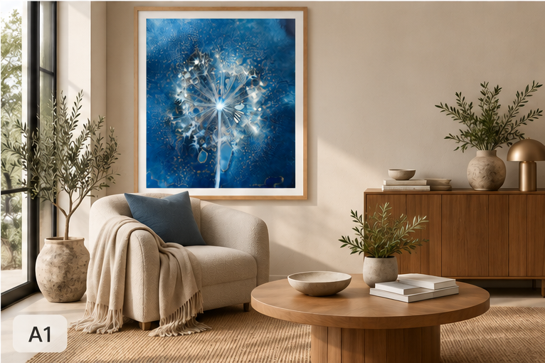 Blue Allium Seed Head Cyanotype Art Print in A1 size displayed in a contemporary living room