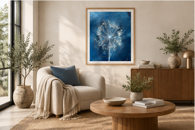 Blue Allium Seed Head Cyanotype Art Print in A2 size displayed in a contemporary living room