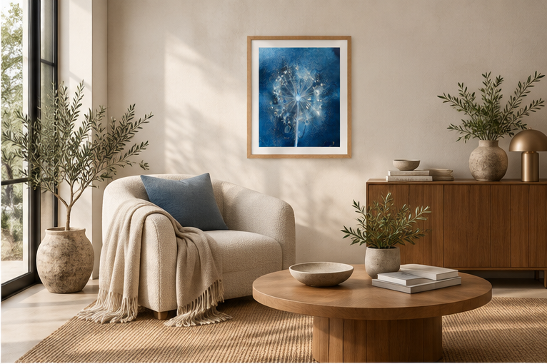 Blue Allium Seed Head Cyanotype Art Print in A3 size displayed in a contemporary living room