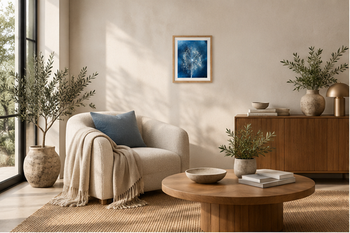 Blue Allium Seed Head Cyanotype Art Print in A4 size displayed in a contemporary living room