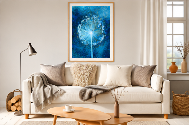 Allium Seed Head Cyanotype Art Print in A1 size displayed on a living room wall