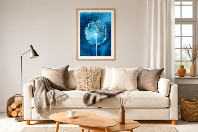 Allium Seed Head Cyanotype Art Print in A2 size displayed on a living room wall