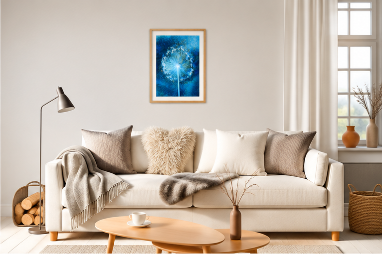 Allium Seed Head Cyanotype Art Print in A3 size displayed on a living room wall