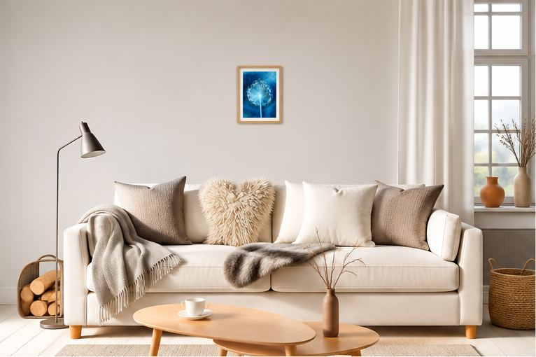 Allium Seed Head Cyanotype Art Print in A4 size displayed on a living room wall