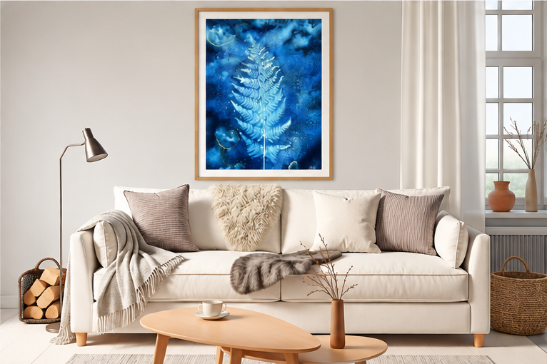 Broad Buckler Fern botanical cyanotype fine art print in A1 size displayed on a living room wall