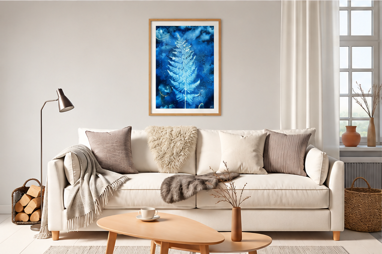 Broad Buckler Fern botanical cyanotype fine art print in A2 size displayed on a living room wall