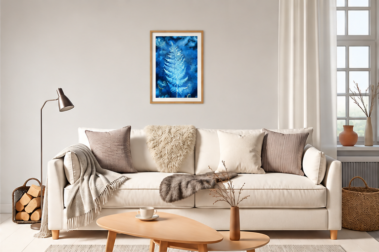 Broad Buckler Fern botanical cyanotype fine art print in A3 size displayed on a living room wall