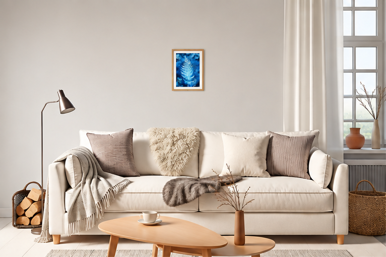 Broad Buckler Fern botanical cyanotype fine art print in A4 size displayed on a living room wall