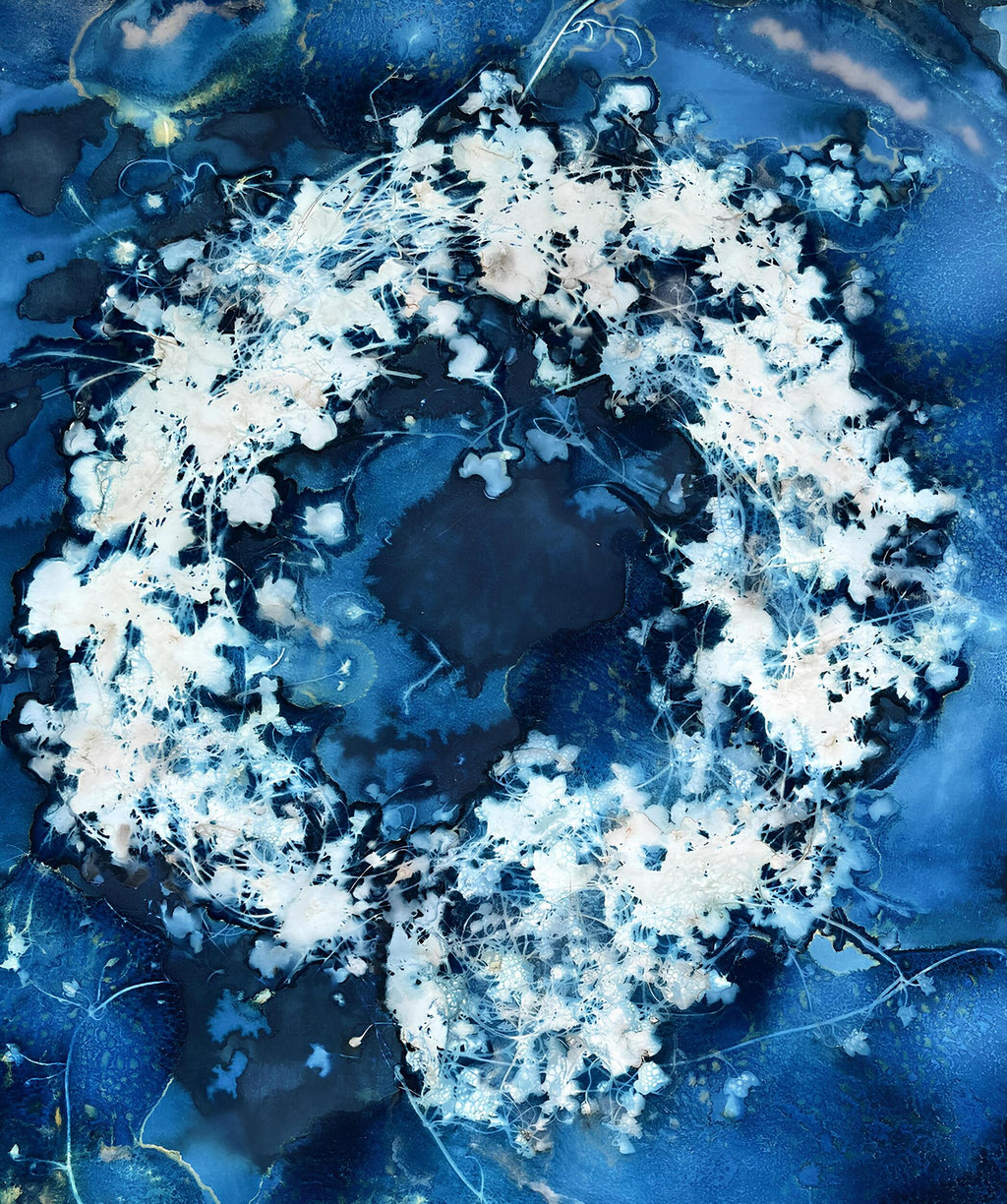 Flower Wreath botanical cyanotype art print with delicate white flowers in rich indigo blue