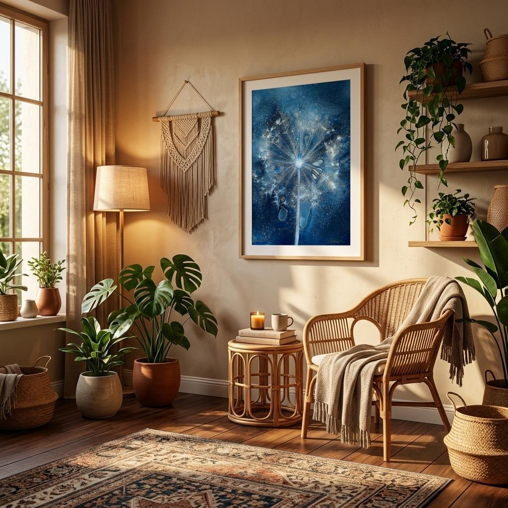 Allium blue botanical art print displayed in a warm bohemian living room