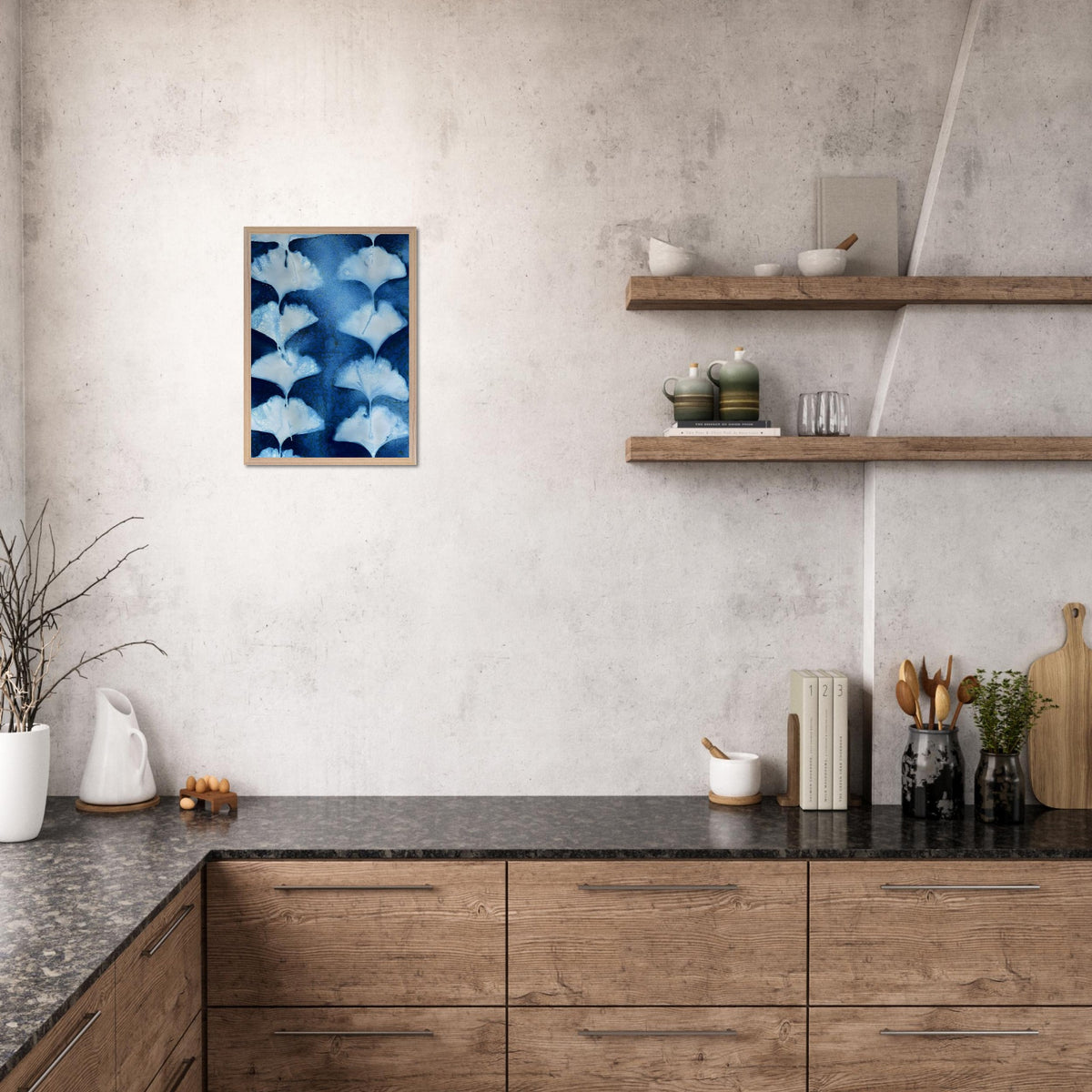 Ginkgo Leaves cyanotype art print A2 displayed on a kitchen wall