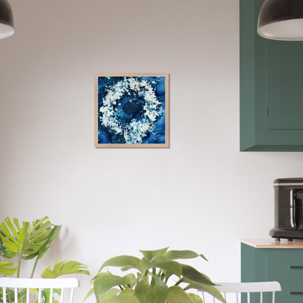 Flower Wreath cyanotype art print 16x16 inch shown on a white wall