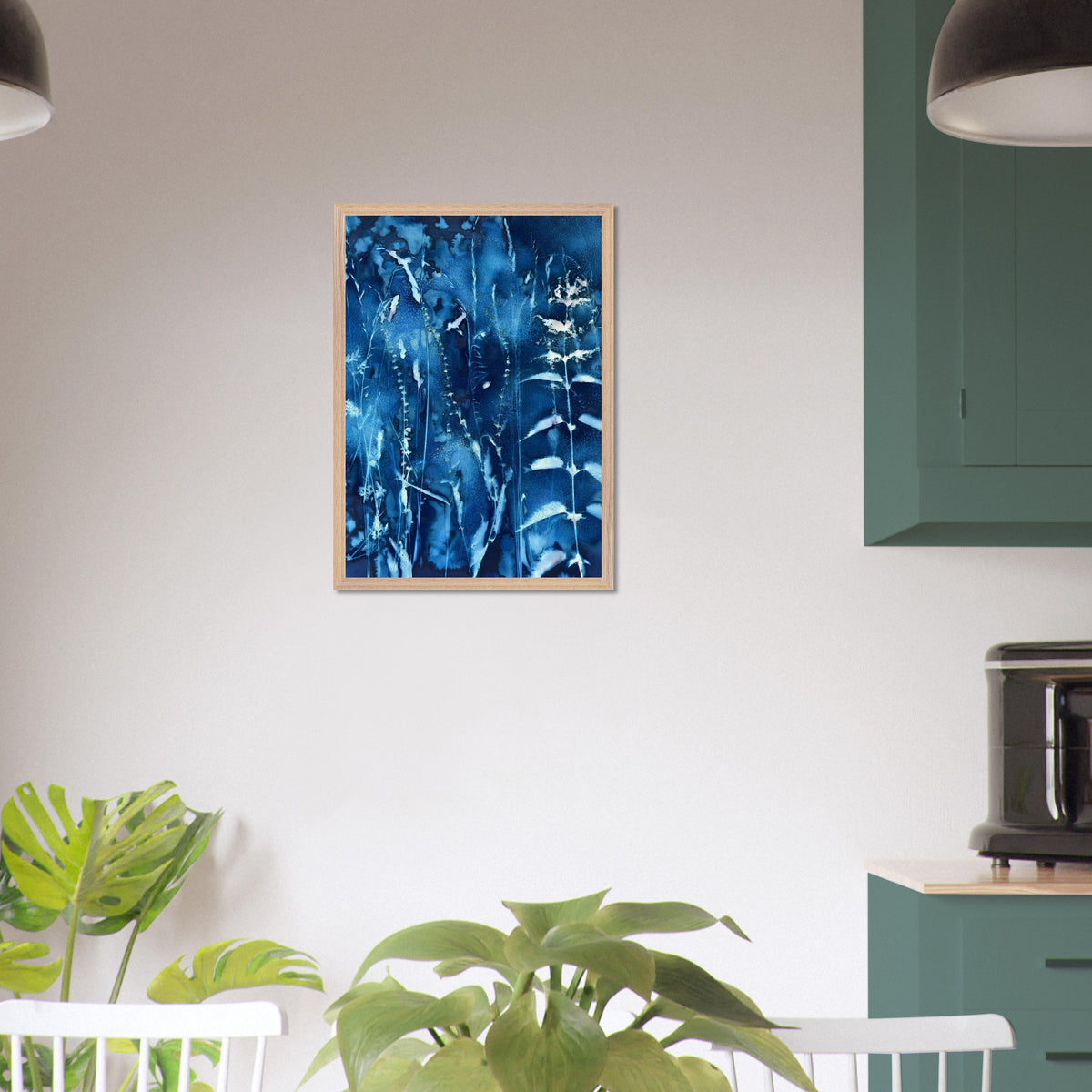 A2 Hedgerow with Nettles botanical cyanotype art print shown styled on a kitchen wall