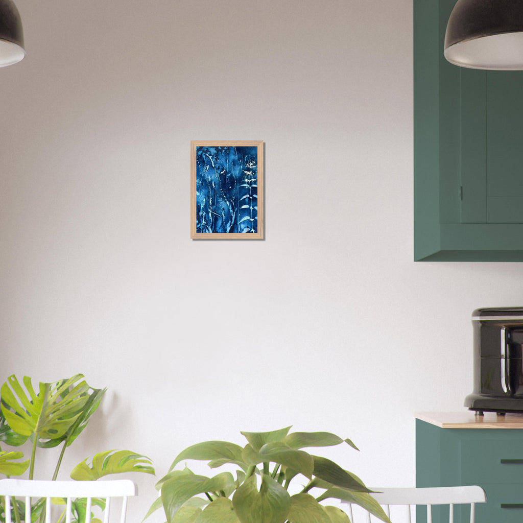 A4 Hedgerow with Nettles botanical cyanotype art print shown styled on a kitchen wall
