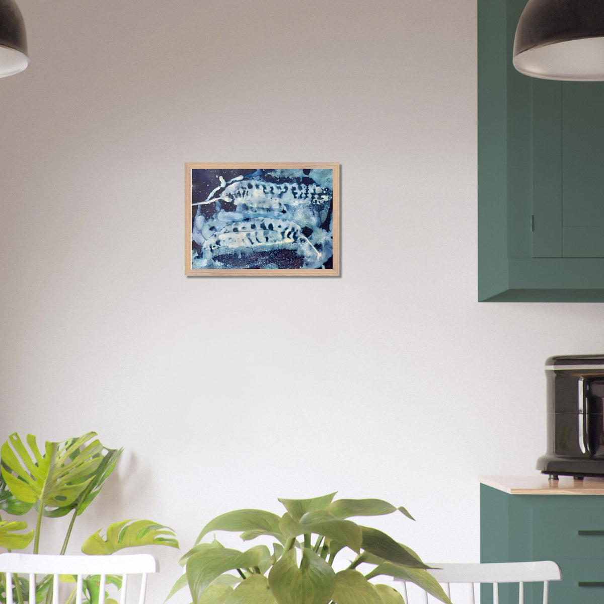 A3 Sea Kelp coastal cyanotype art print shown styled on a kitchen wall