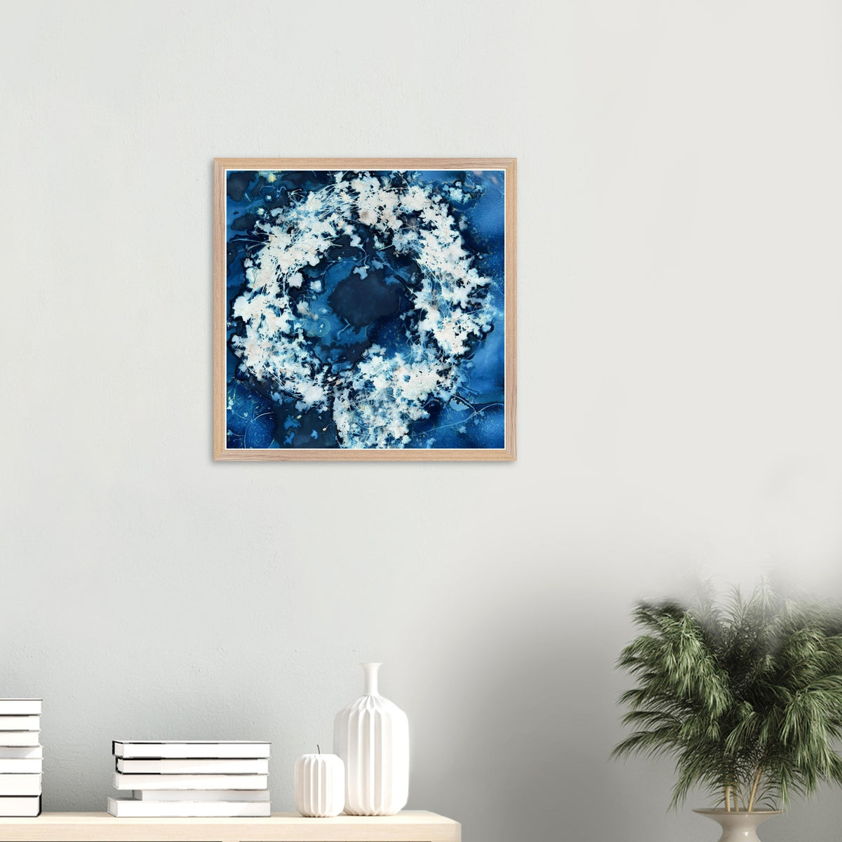 Flower Wreath cyanotype art print 20 x 20 inch shown on a white wall