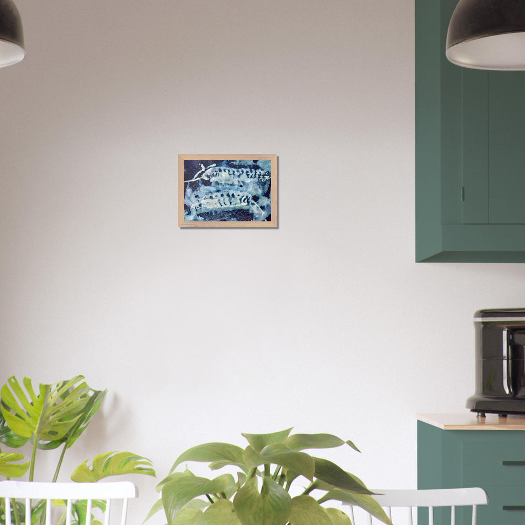 A4 Sea Kelp coastal cyanotype art print shown styled on a kitchen wall