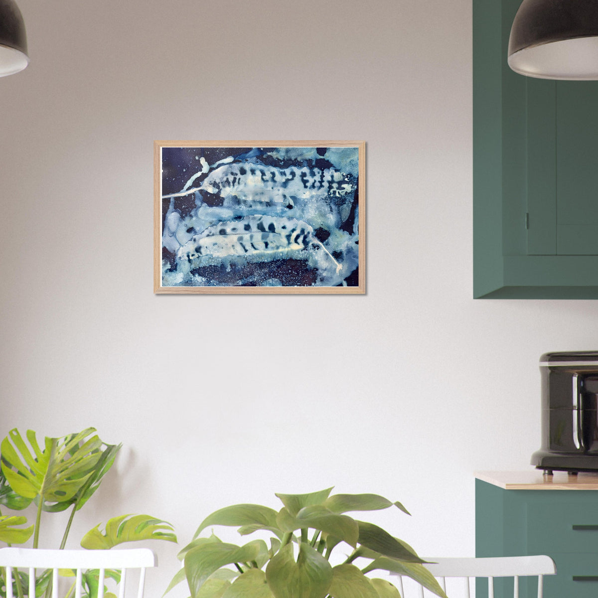 A2 Sea Kelp coastal cyanotype art print shown styled on a kitchen wall