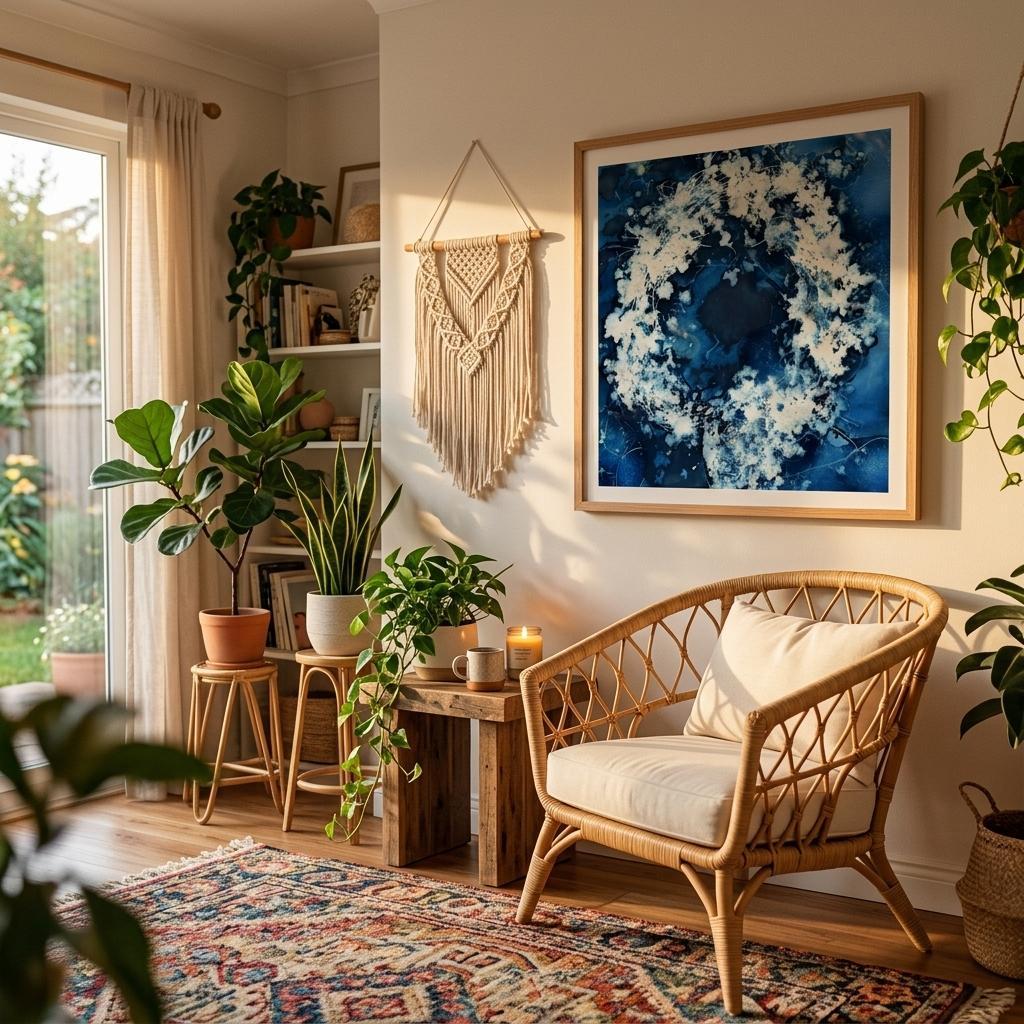 Flower Wreath botanical cyanotype art print displayed in a warm plant-filled interior